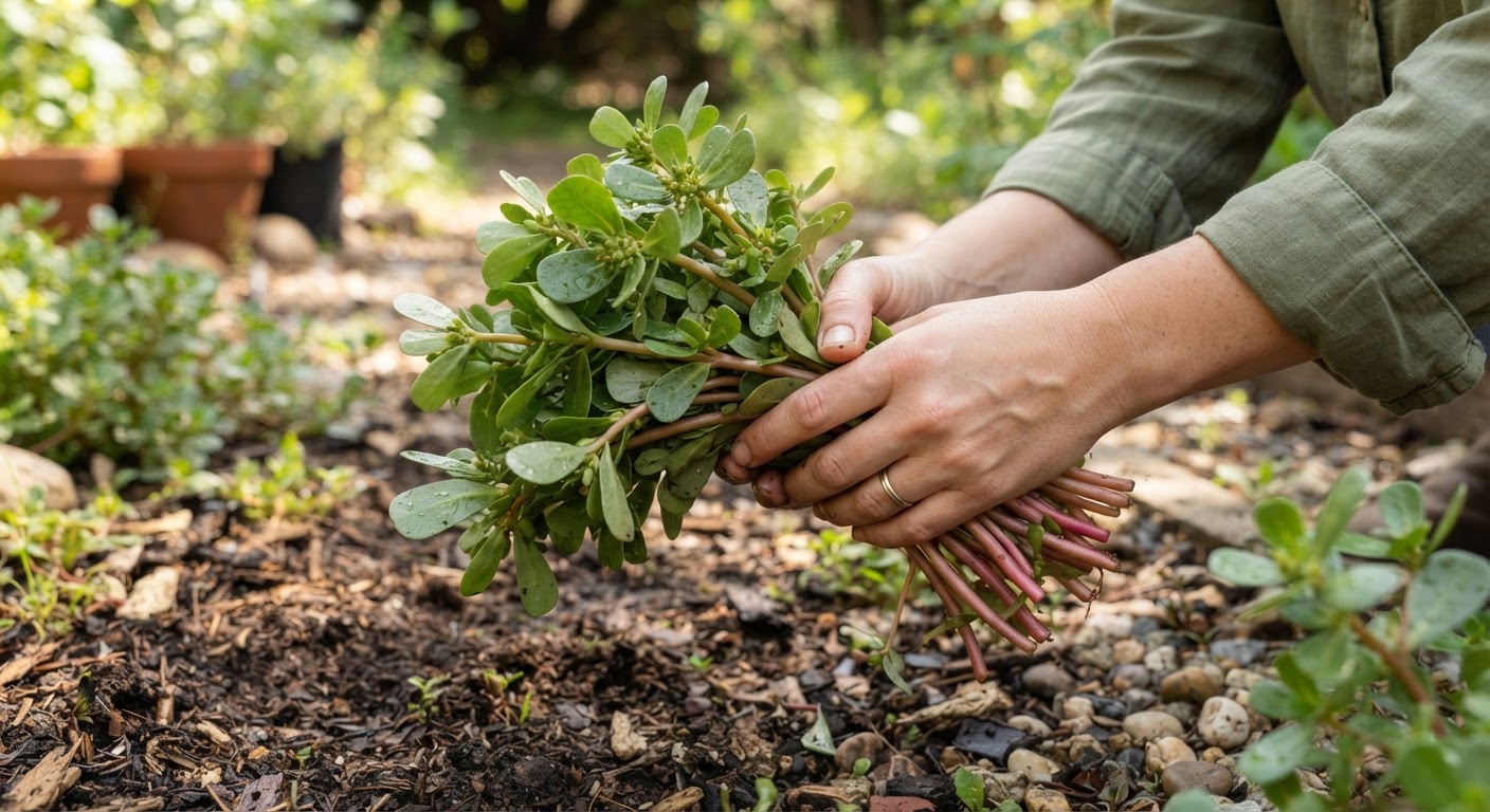 A person’s hands holding a fresh bundle of purslane with thick reddish stems and fleshy green paddle-shaped leaves just picked from a garden path, natural bright daylight, photorealistic, shot by iphone 13