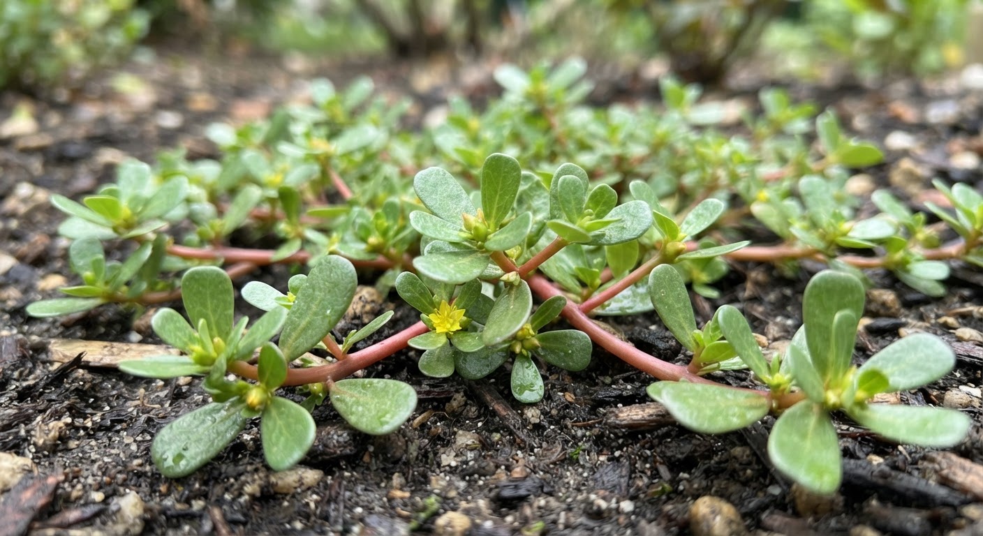 Close-up macro photo of purslane growing low to the ground with thick red succulent stems and paddle-shaped green leaves