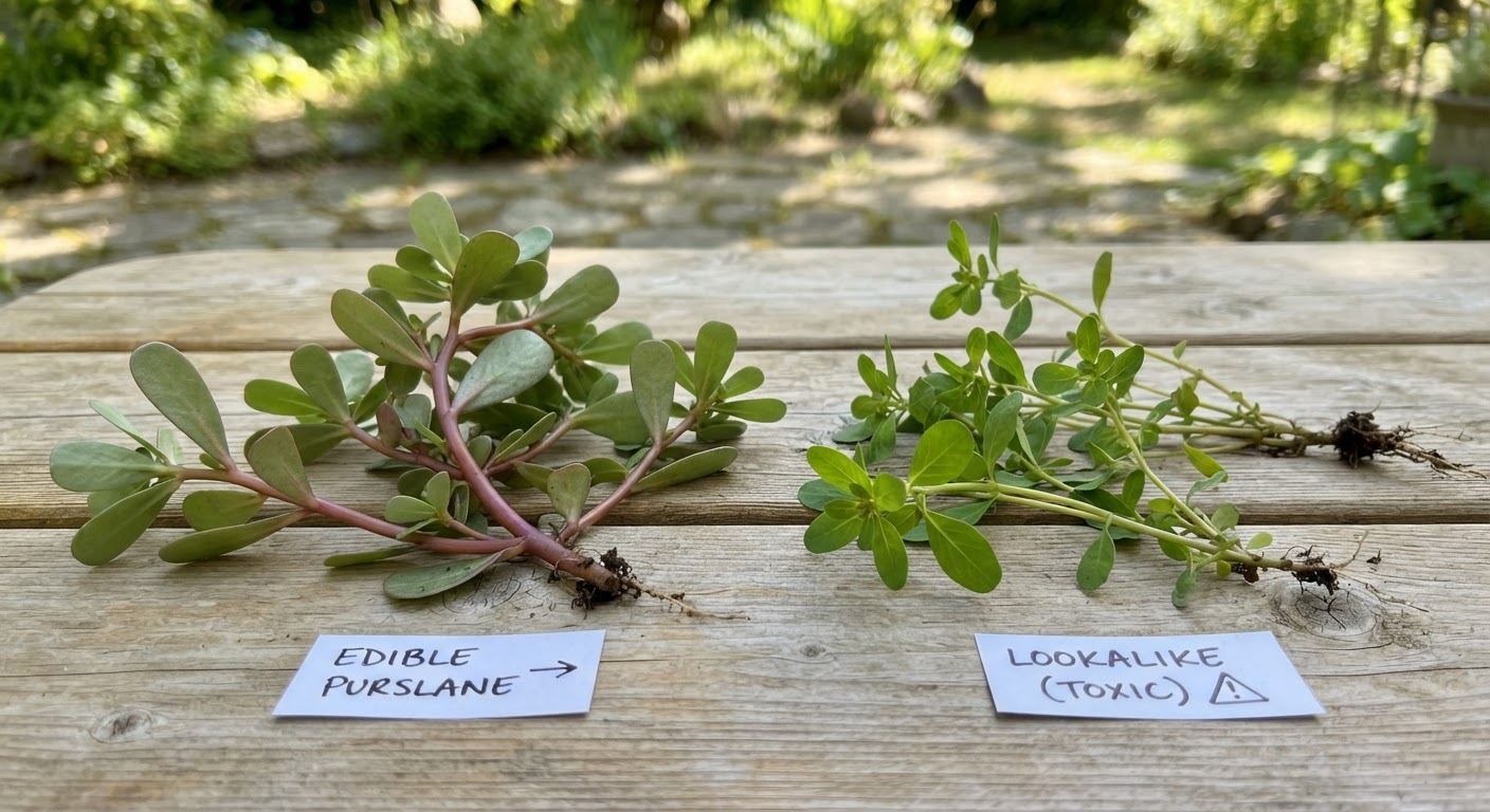 Side by side showing edible purslane with thick reddish succulent stems and glossy green paddle-shaped leaves, a paper label marking each plant, natural outdoor light, educational foraging identification reference