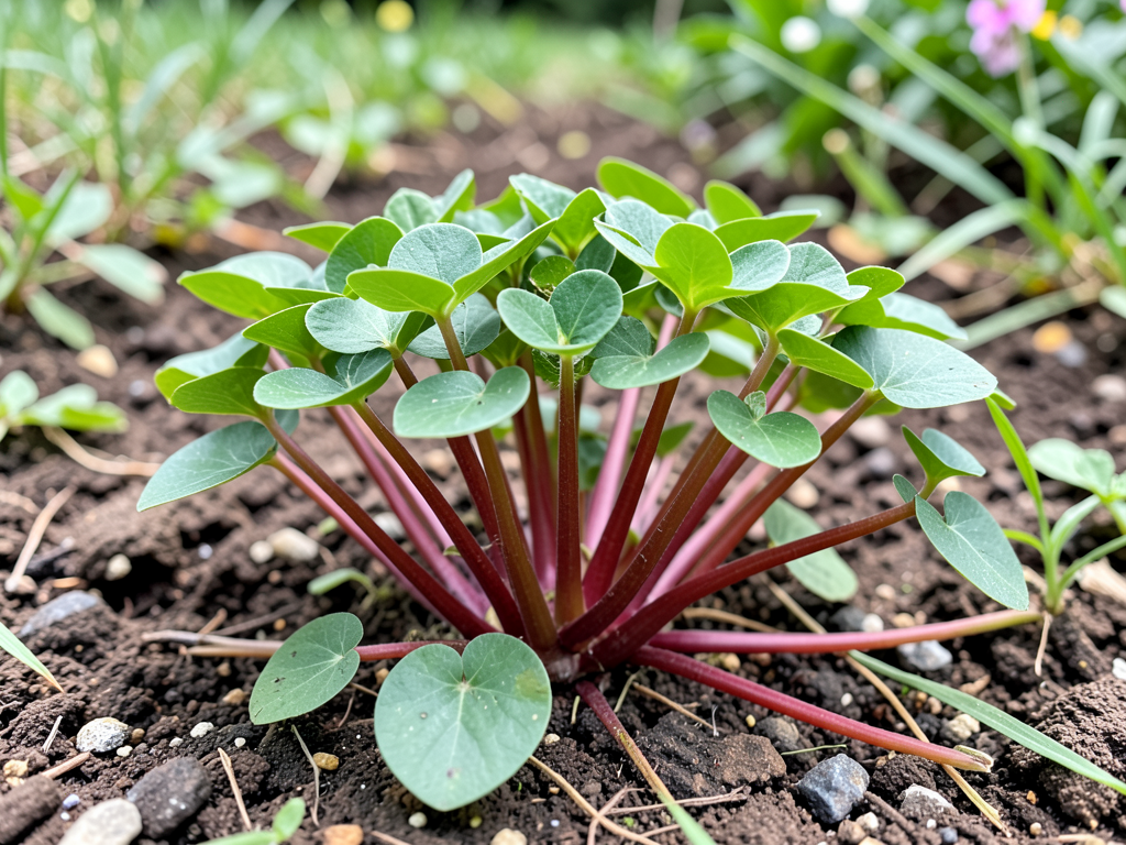 Fresh purslane with thick reddish stems and small paddle-shaped green leaves growing from soil