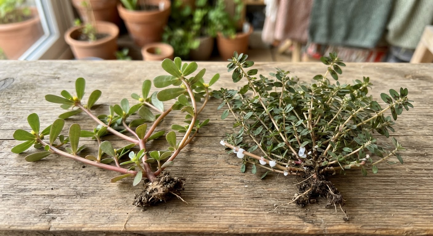 Side by side arrangement of purslane with thick reddish succulent stems next to spurge with thin stems and white milky sap
