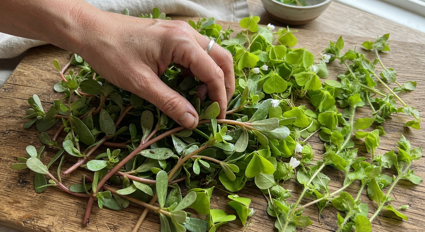 A close-up top-down view of a forager’s hand sorting through a mix of purslane with its reddish stems and thick leaves, bright green wood sorrel with heart-shaped leaflets, and tender chickweed sprigs on a wooden surface, natural morning light