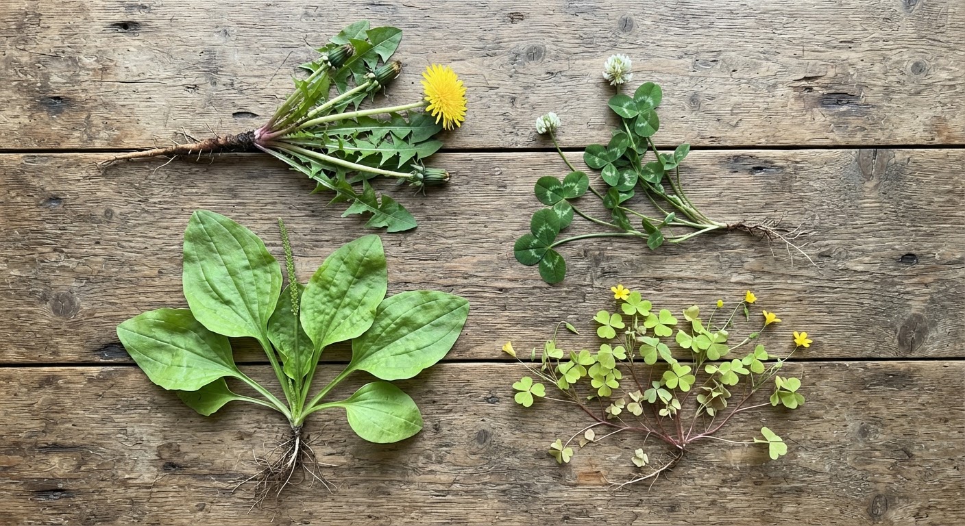 Dandelion, plantain, clover, and wood sorrel spread on a rustic wooden table, shot from above