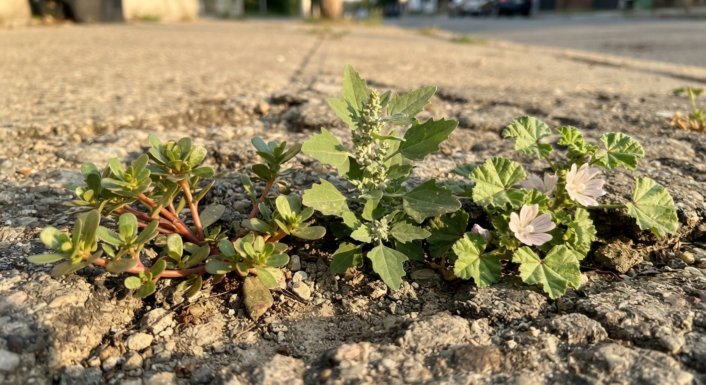 Purslane, lamb’s quarters, and mallow growing through cracked urban pavement in late afternoon light