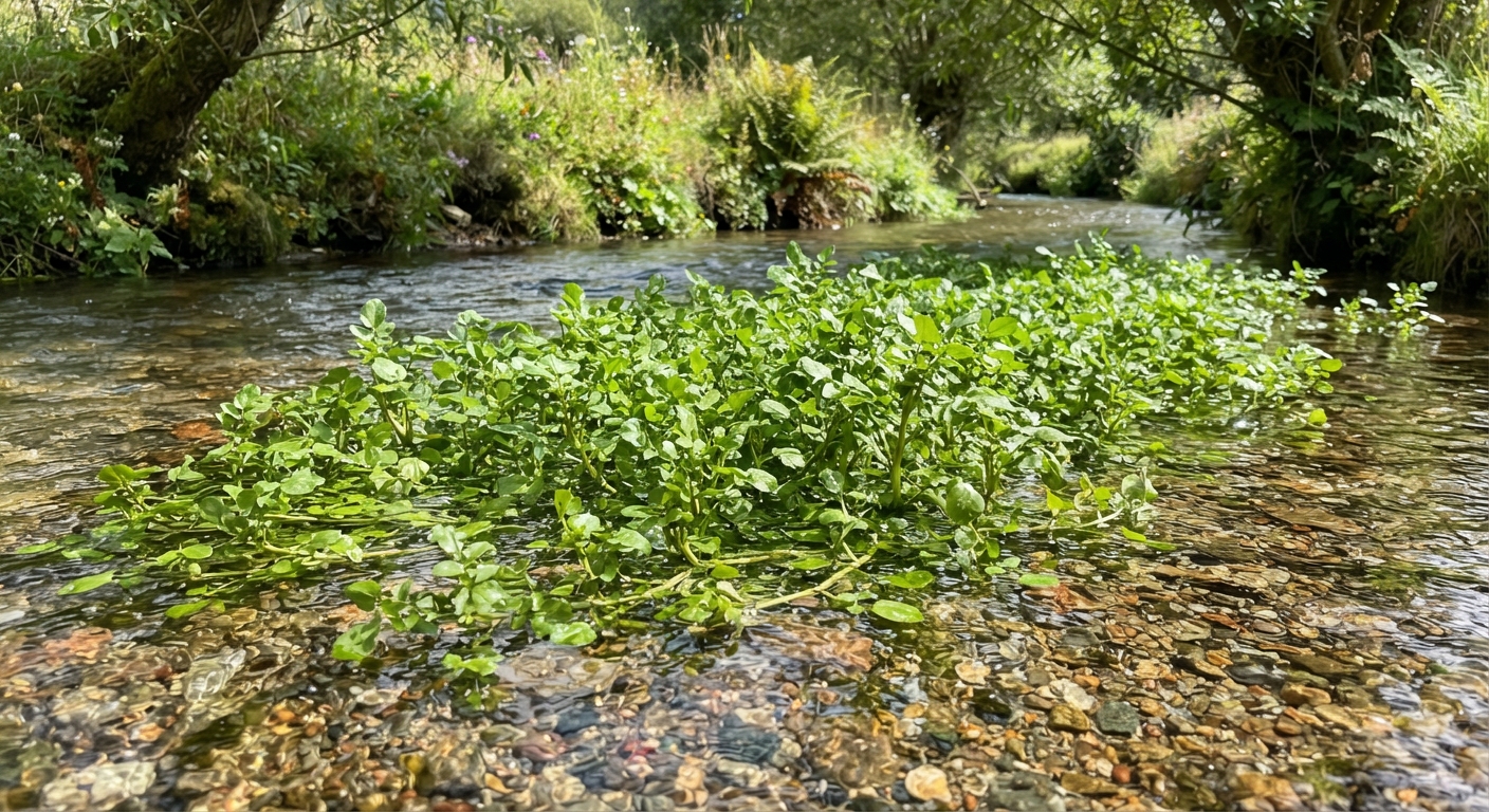 Fresh watercress growing in a clear shallow stream with pebbles visible beneath
