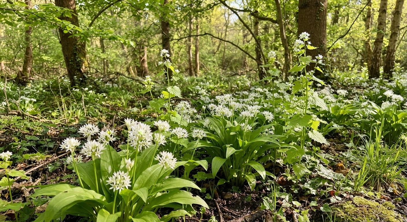 A wild garlic patch and garlic mustard at the edge of a deciduous forest, dappled sunlight