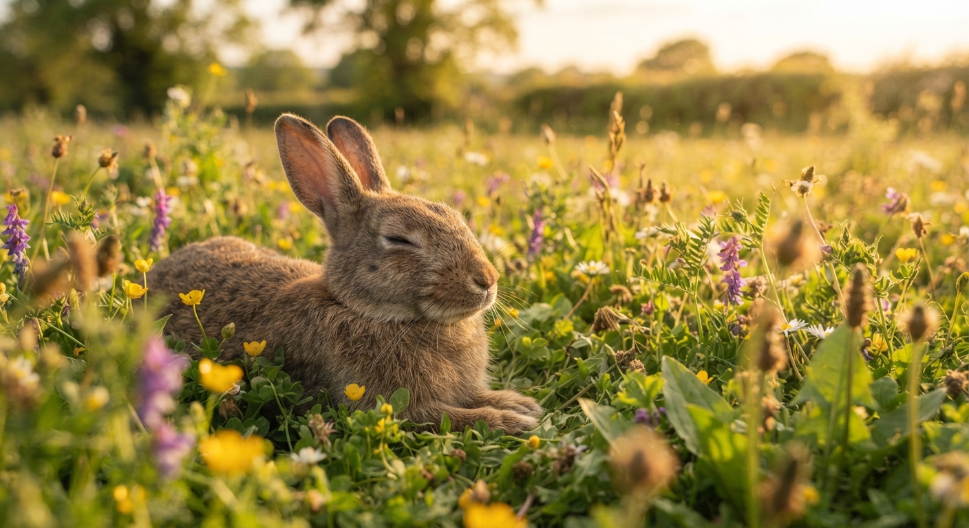 A happy healthy rabbit resting peacefully in a sunny wildflower meadow with edible plants around, golden hour warm lighting