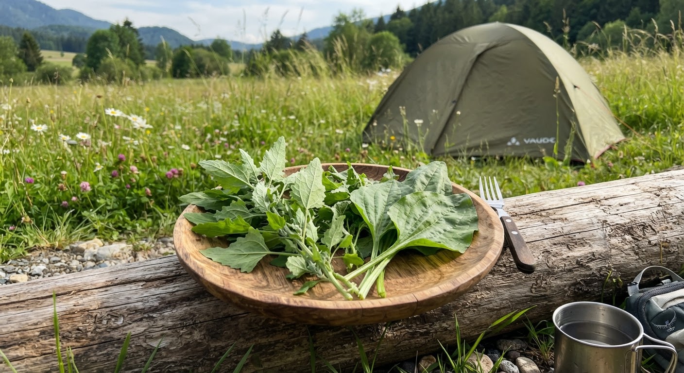 A wooden camping plate with foraged wild greens, lambsquarters and broadleaf plantain leaves, a fork beside it, placed on a log near a tent in a grassy meadow