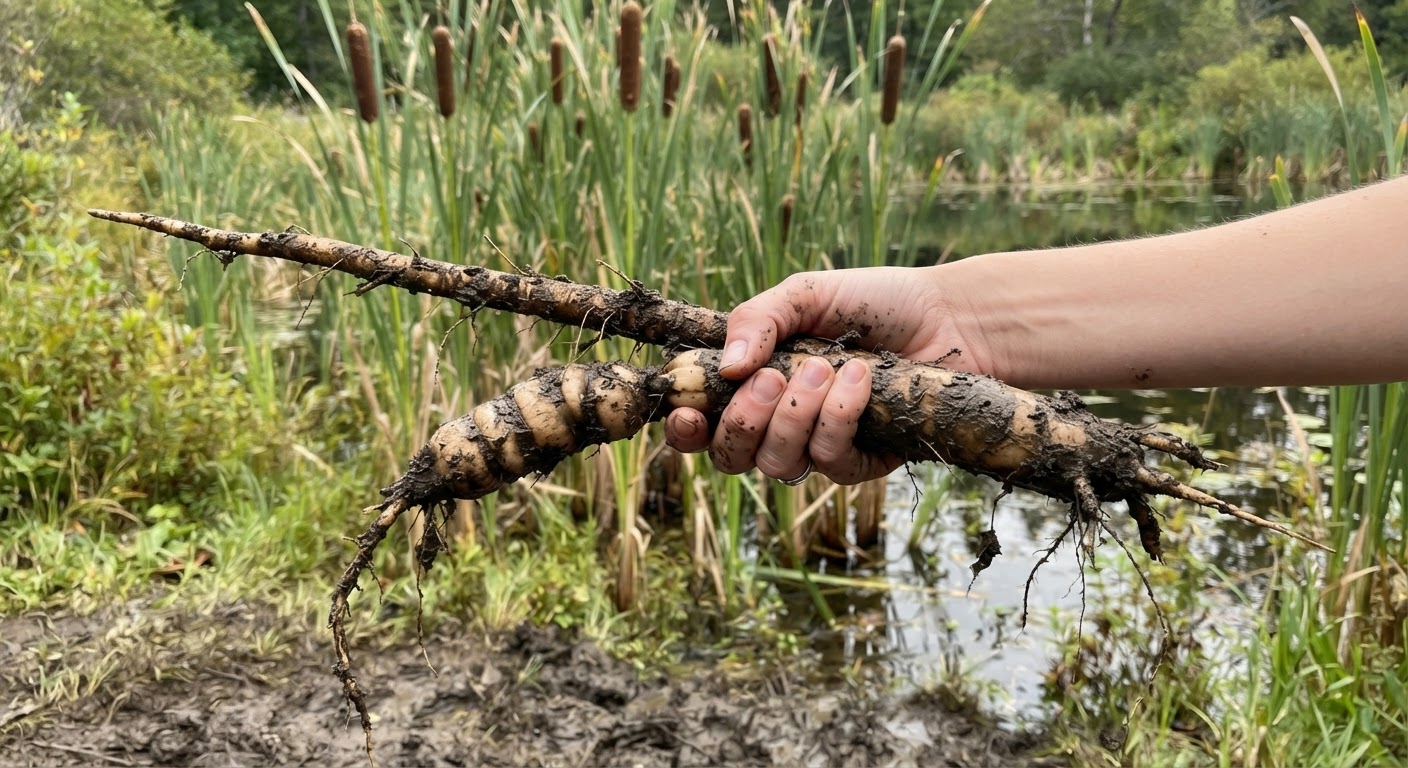 A hand holding a muddy cattail rhizome and a long burdock root freshly pulled from damp soil at a pond edge, cattail plants in the background