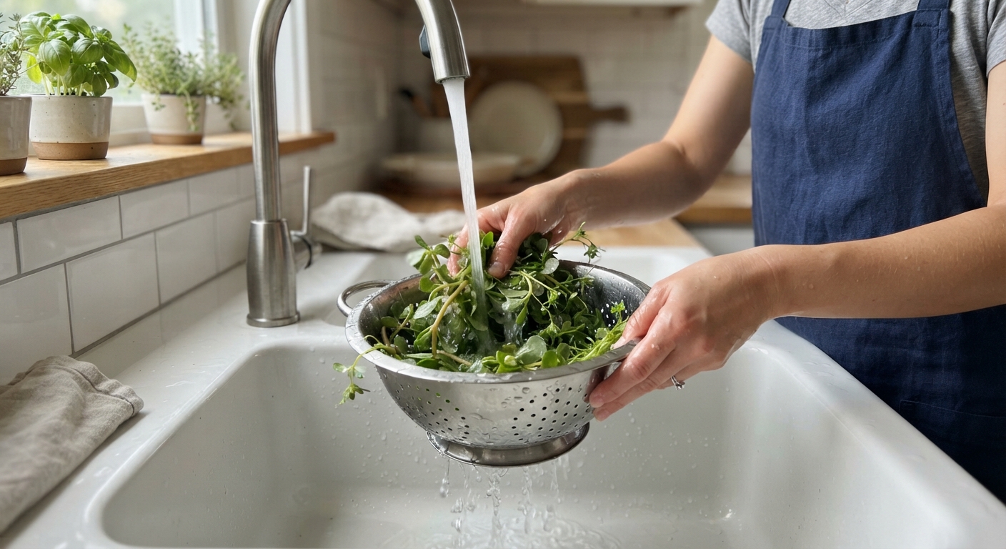 A person rinsing fresh wild purslane and chickweed greens in a metal colander under running water in a bright kitchen sink, hands visible, clean and simple food prep scene