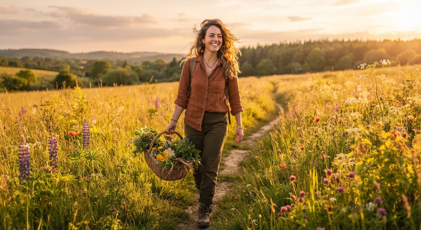 Forager walking through golden wildflower meadow at sunset with basket of wild plants