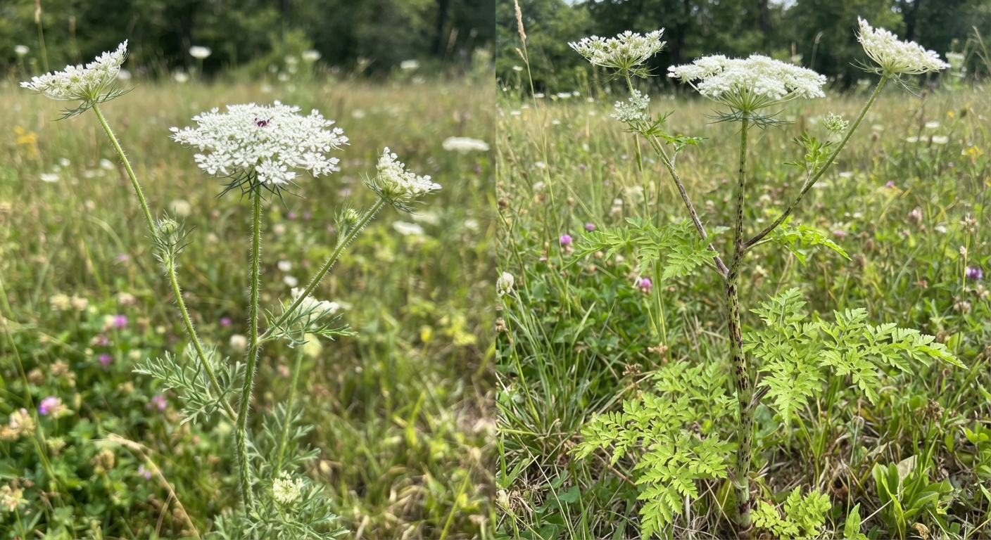 Side by side comparison of wild carrot and poison hemlock plants with visible stem differences in a natural field setting