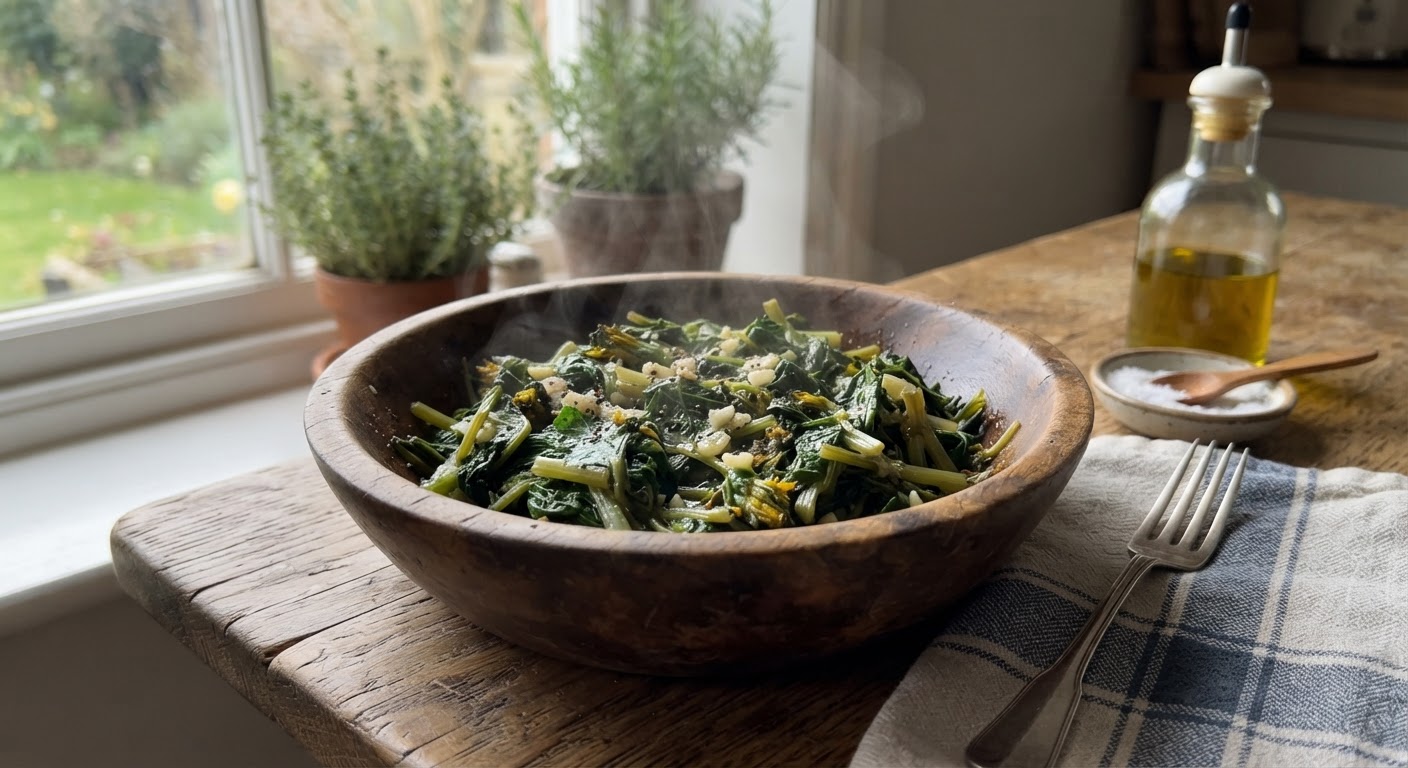 A rustic wooden bowl filled with sautéed wild greens — dandelion and lamb’s quarters with garlic and olive oil, steam rising in soft natural window lighting