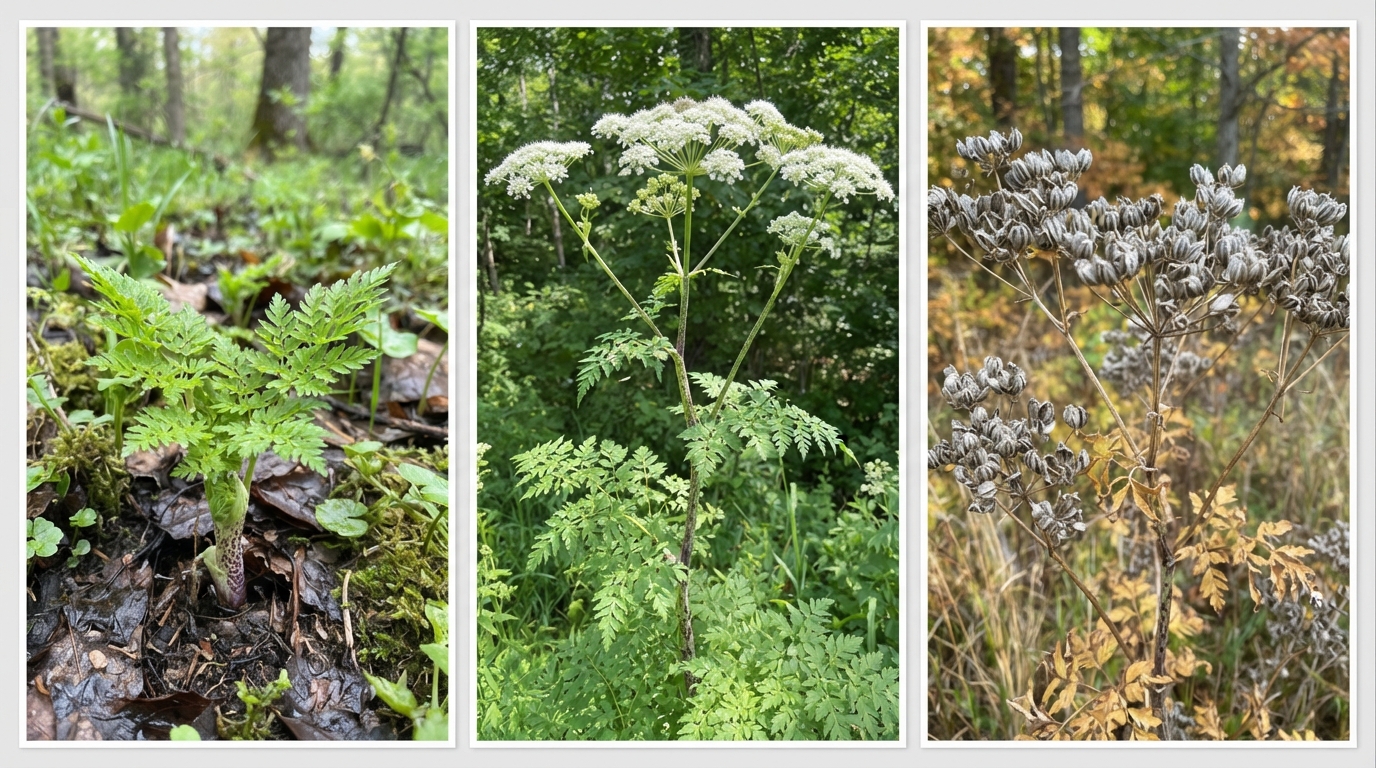 A botanical comparison showing dangerous wild plants across different seasons and growth stages, three panels showing spring shoot, summer flowering, and fall seed head of the same toxic plant, educational field guide style, natural outdoor setting