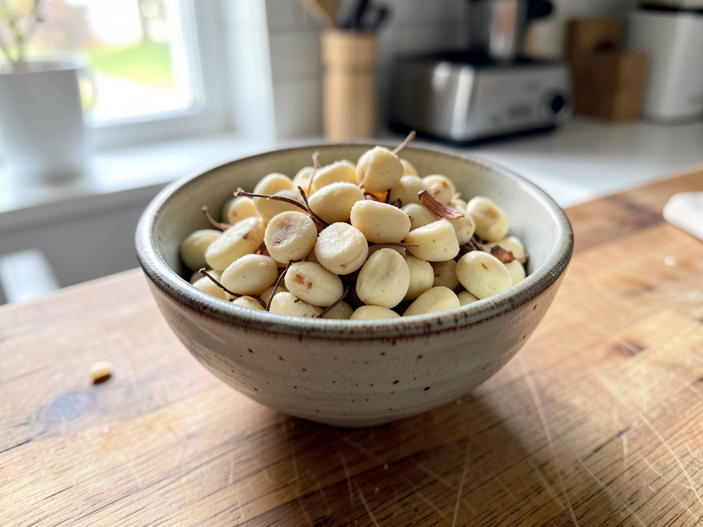 Shelled acorn nutmeats in a rustic bowl
