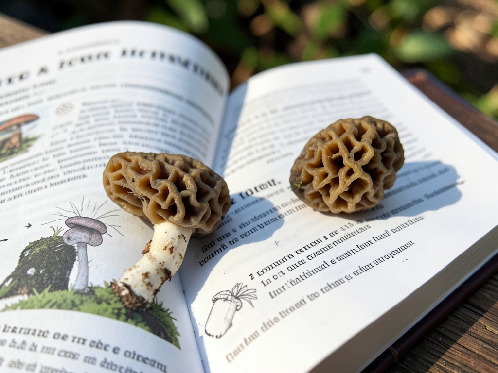 Field guide next to a fresh morel mushroom for comparison