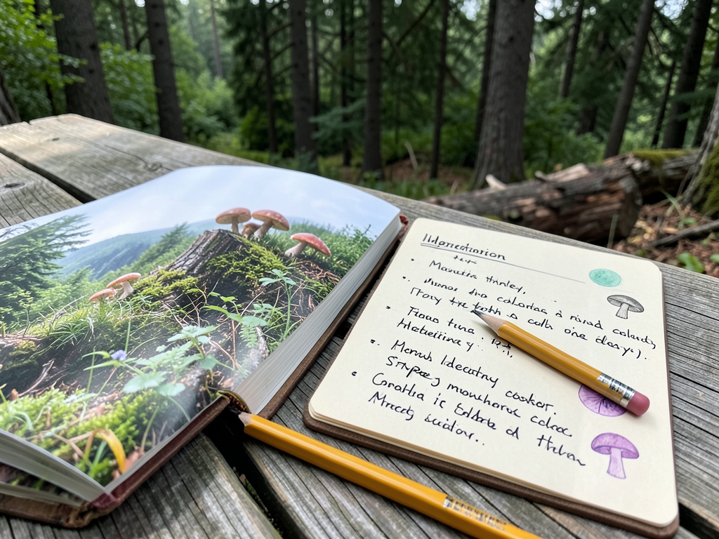 Field guide and handwritten mushroom identification notes