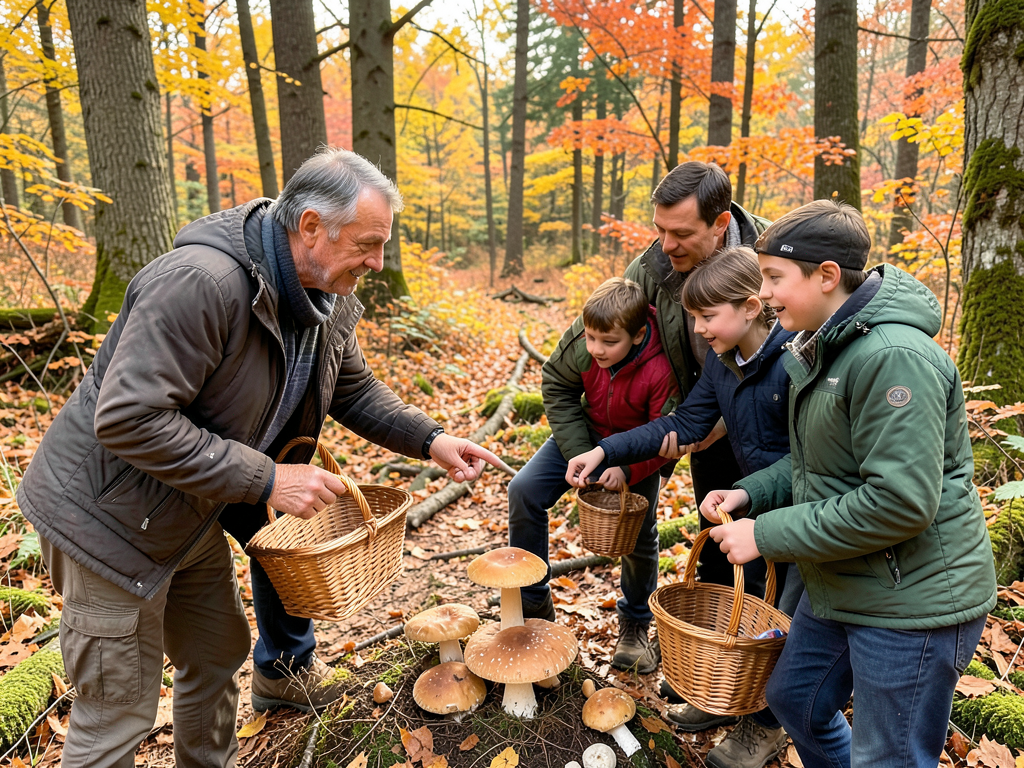 Group mushroom foray in forest with guide pointing at mushroom