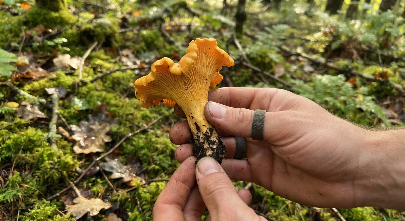 Hands holding a freshly picked golden chanterelle