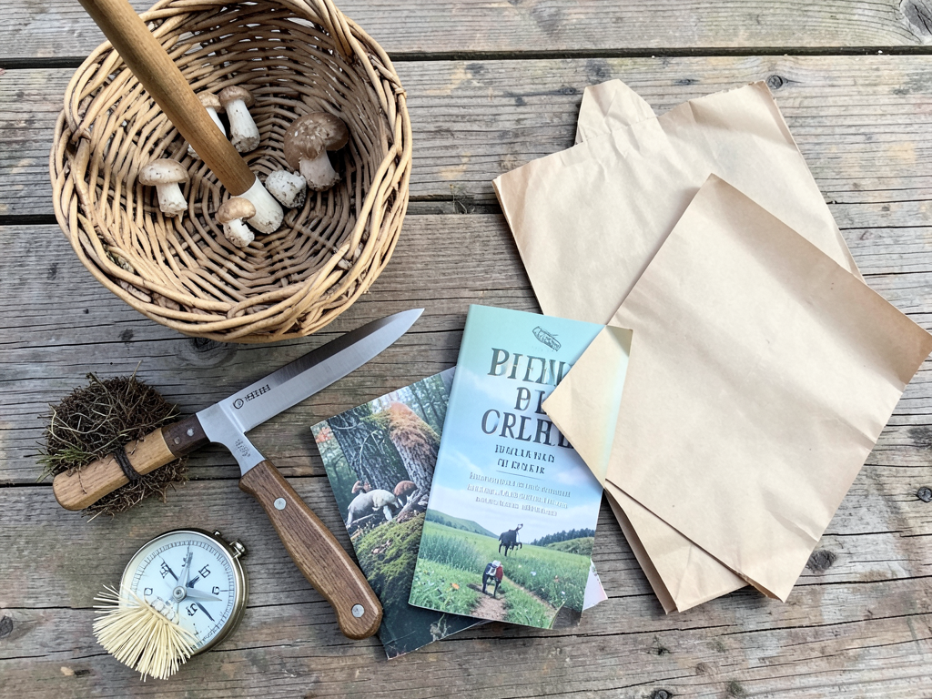 Flat-lay of mushroom foraging gear on wooden surface