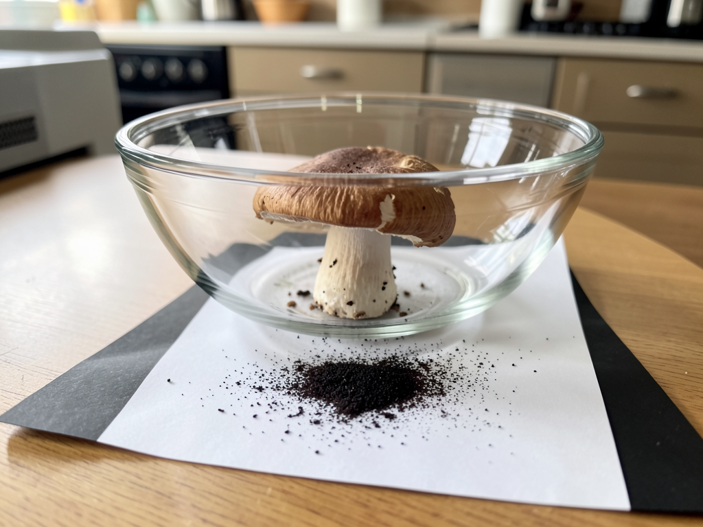 Mushroom cap on paper under glass bowl making a spore print