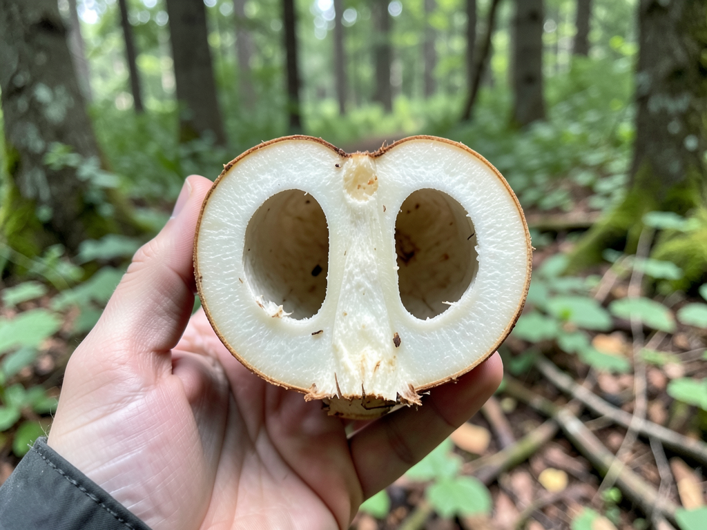 Morel sliced in half showing hollow interior in forager hand