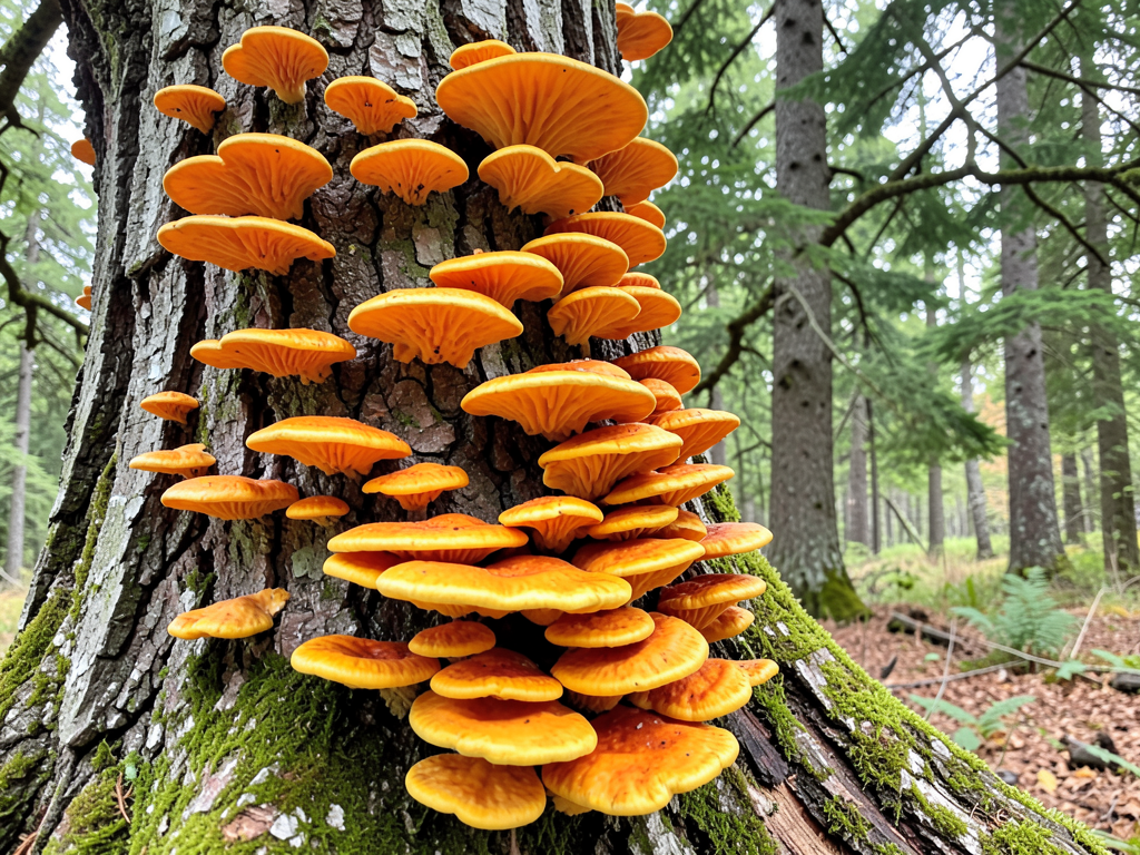 Chicken of the woods cluster on an old oak tree
