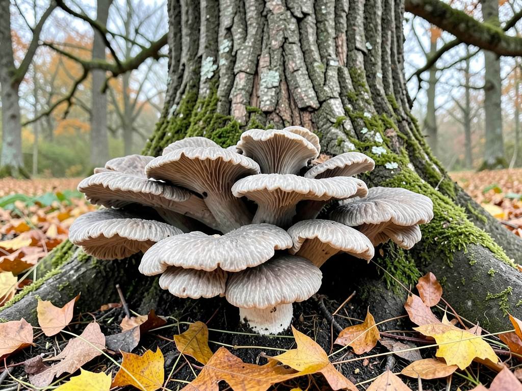 Hen of the woods maitake at the base of an oak tree