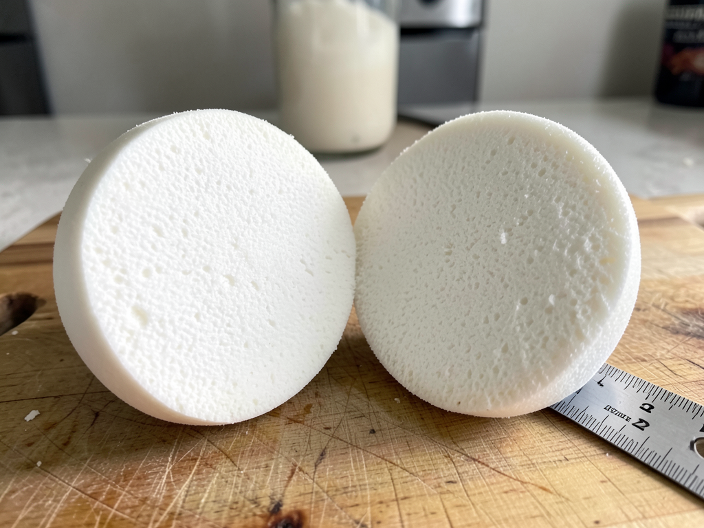 Giant puffball sliced showing white interior with ruler
