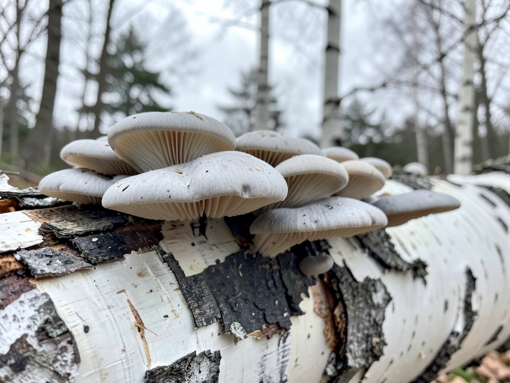Oyster mushrooms growing on a dead aspen trunk
