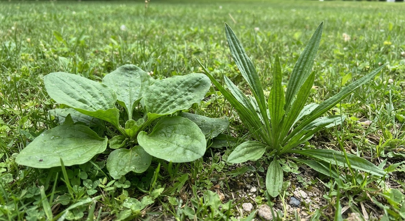 Side by side comparison of broadleaf plantain with wide oval leaves and narrowleaf plantain with long slender ribbed leaves, growing together in a grassy lawn, natural daylight, clear botanical detail showing the leaf vein patterns of both species, realistic, shot by iphone 13