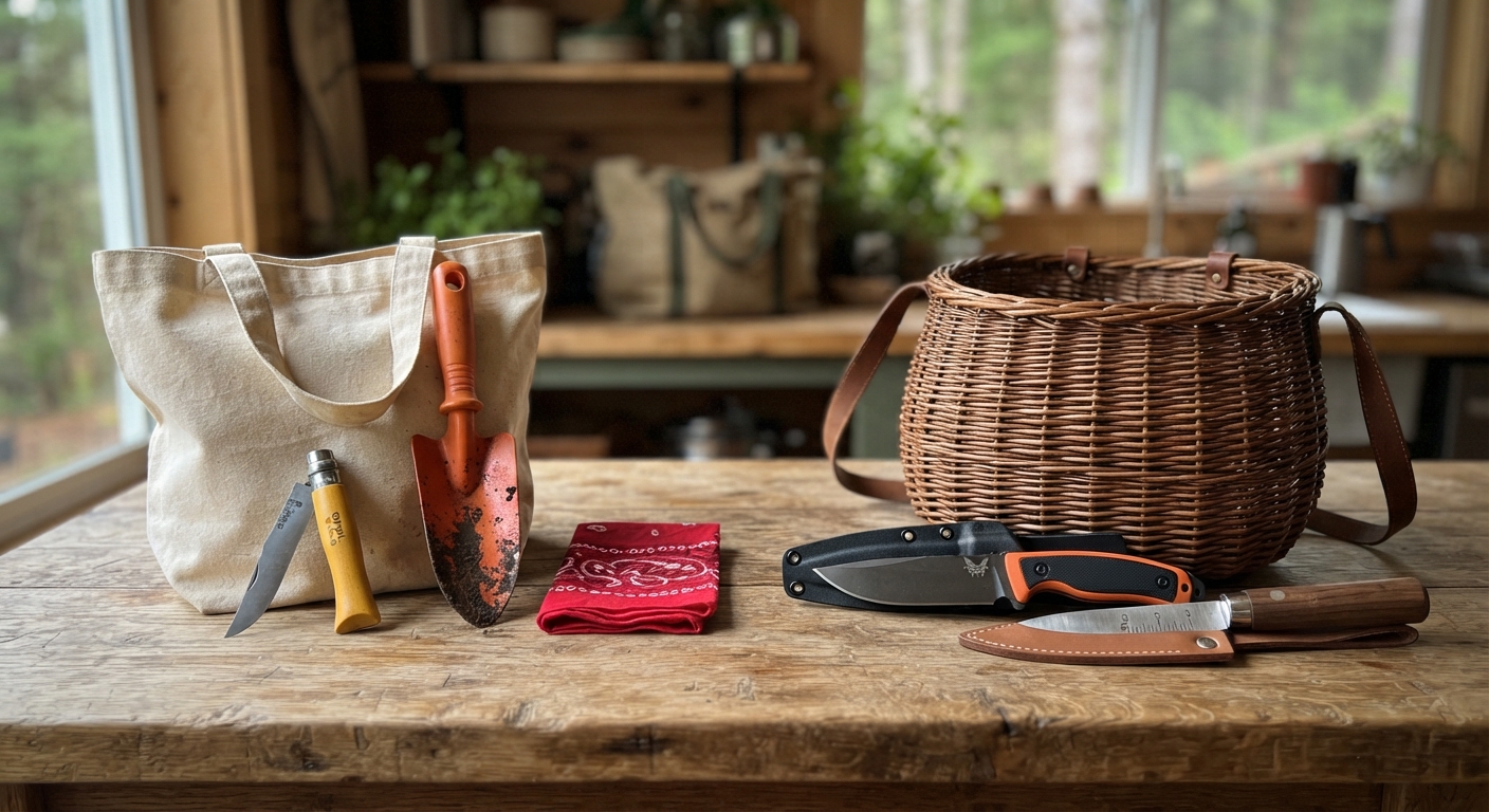 A side-by-side comparison of budget foraging gear versus premium gear on a wooden surface — an Opinel folding knife next to a Benchmade, canvas tote next to handwoven basket, garden trowel next to a Japanese hori hori knife, natural daylight