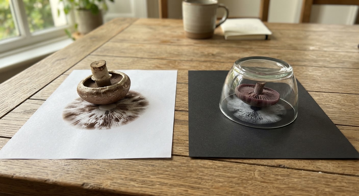 A mushroom cap placed gill-side down on a sheet of white paper revealing a dark brown spore print pattern, beside a second mushroom on black paper showing a white spore print, natural daylight on a wooden table, realistic, shot by iphone 13