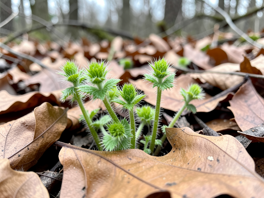 Nettle shoots through autumn leaves