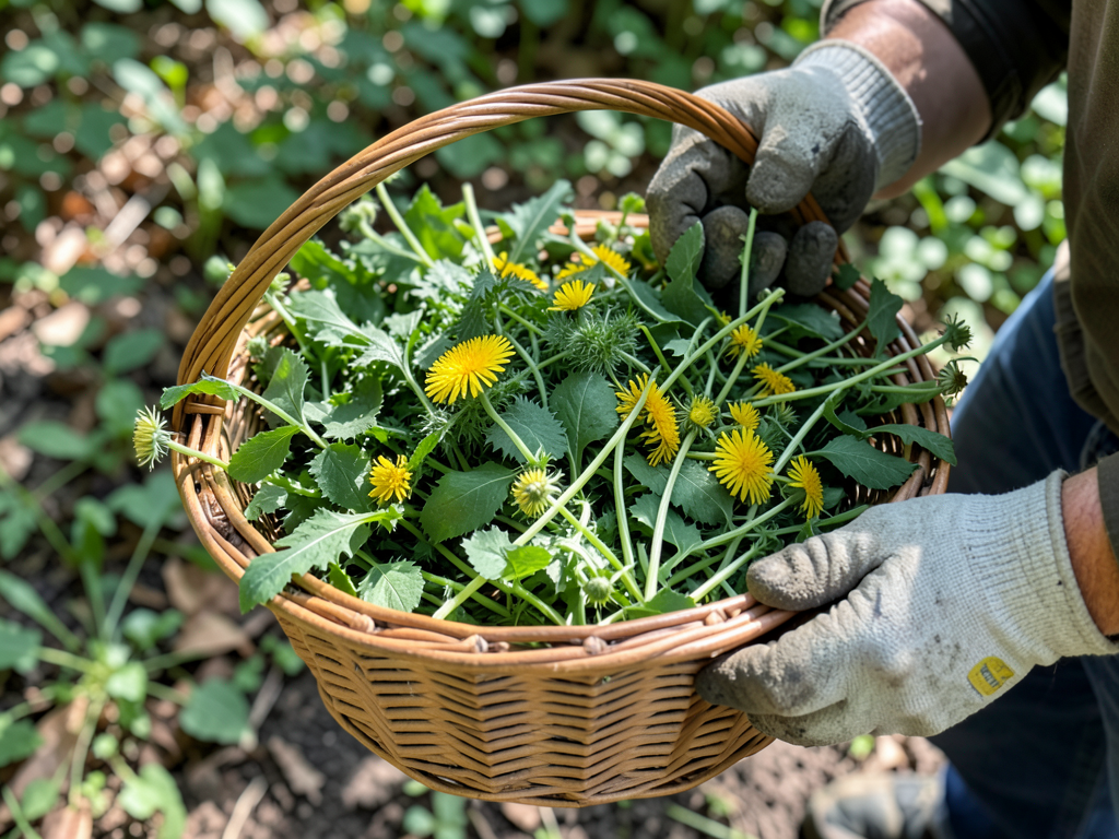 Basket of wild greens with gloved hands