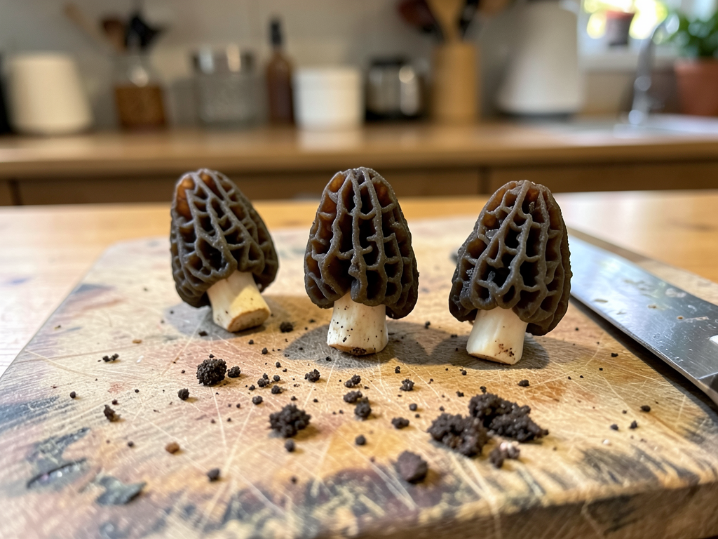 Three morels on cutting board