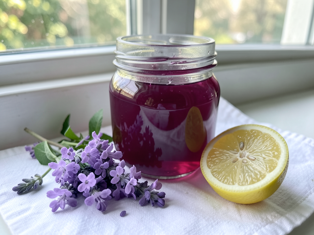 Violet-infused syrup in jar on windowsill