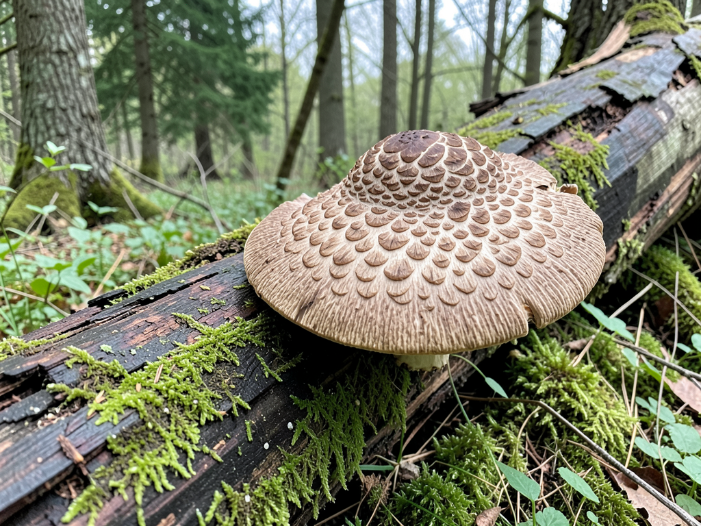 Dryad saddle mushroom on fallen log