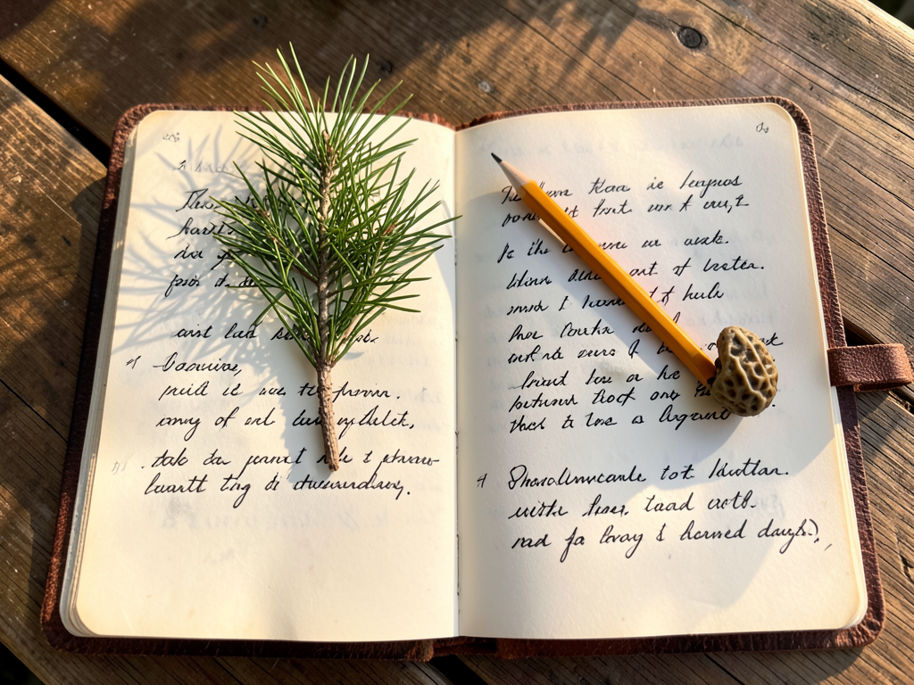 Foraging journal with spruce tips