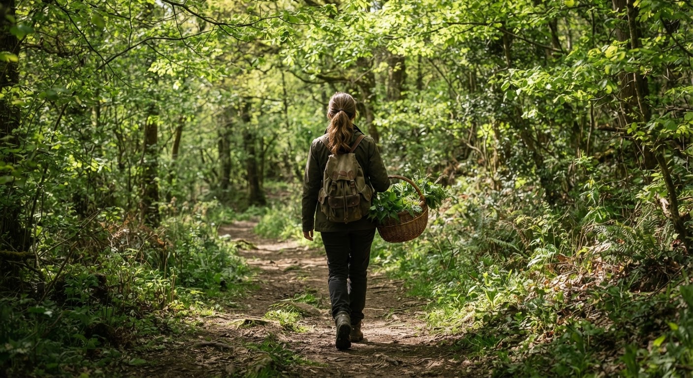 Forager walking woodland trail with basket