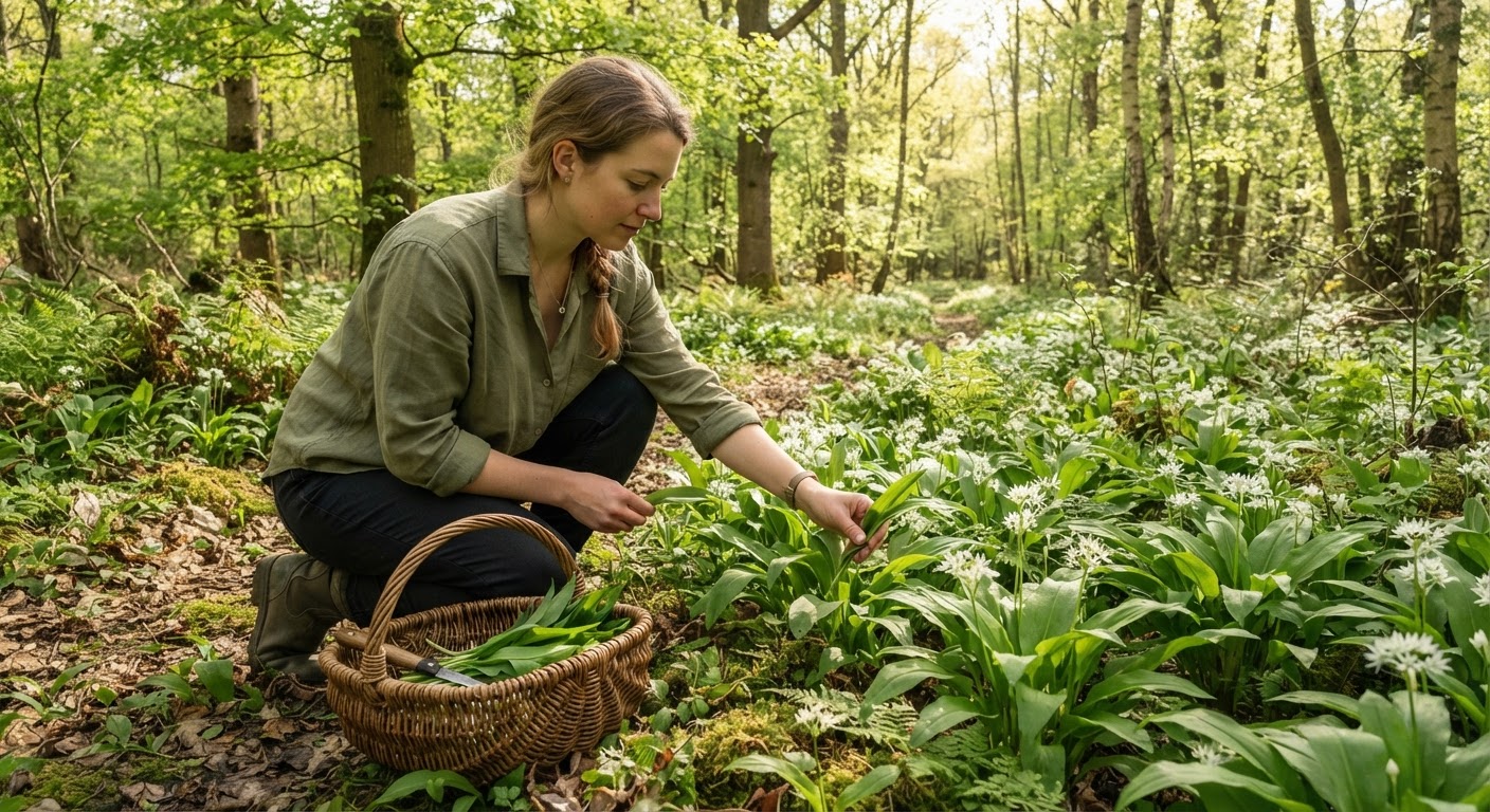 A person foraging in a spring forest, kneeling beside a patch of wild garlic plants with broad green leaves, their hand gently picking leaves, woven basket beside them, dappled sunlight through trees, realistic, shot by iphone 13