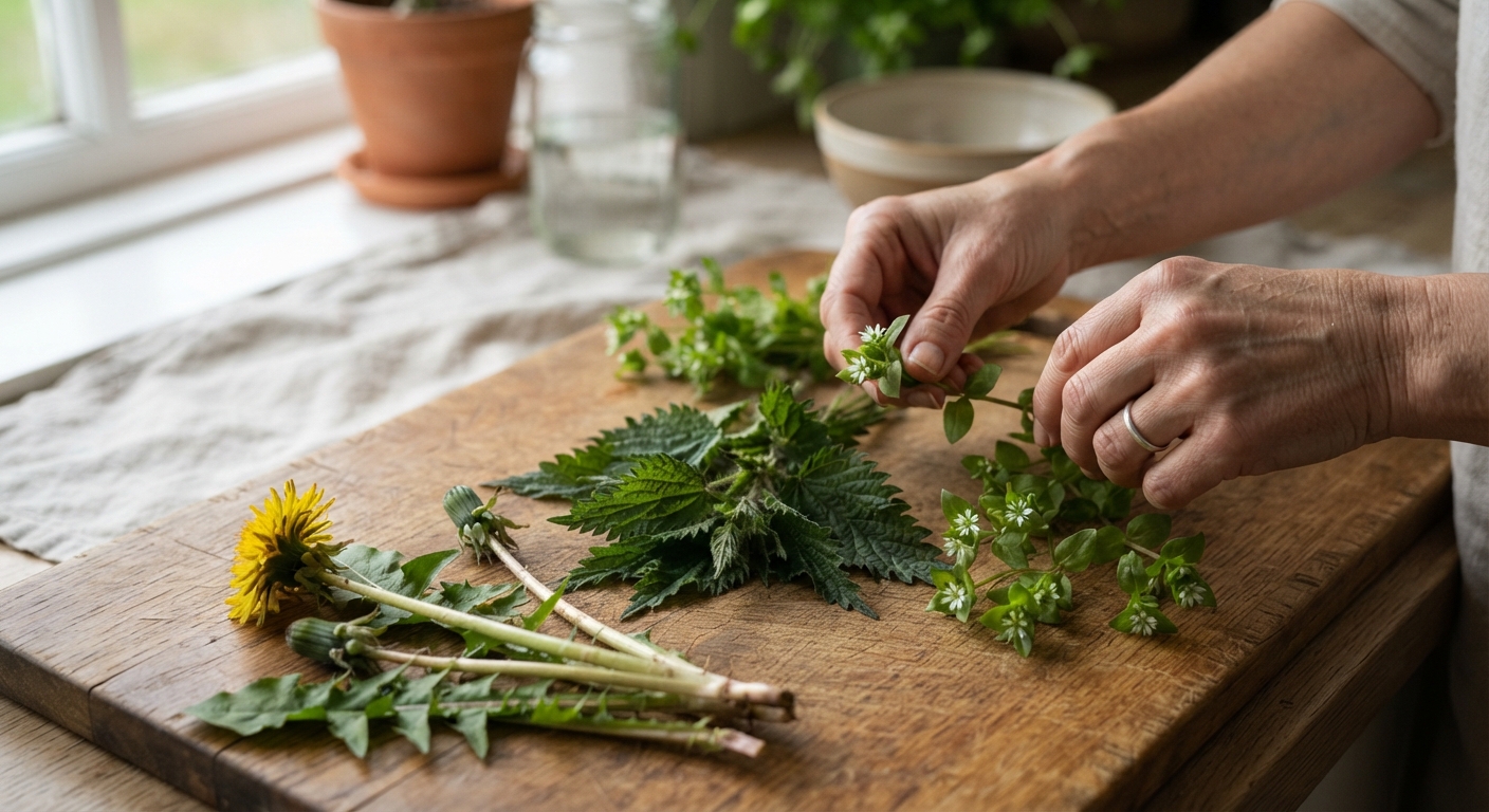 A forager’s hands carefully sorting fresh wild plants — dandelion with its yellow flower and jagged leaves, stinging nettle tops with serrated green leaves, and chickweed sprigs with tiny white star flowers, laid out on a wooden cutting board in natural daylight