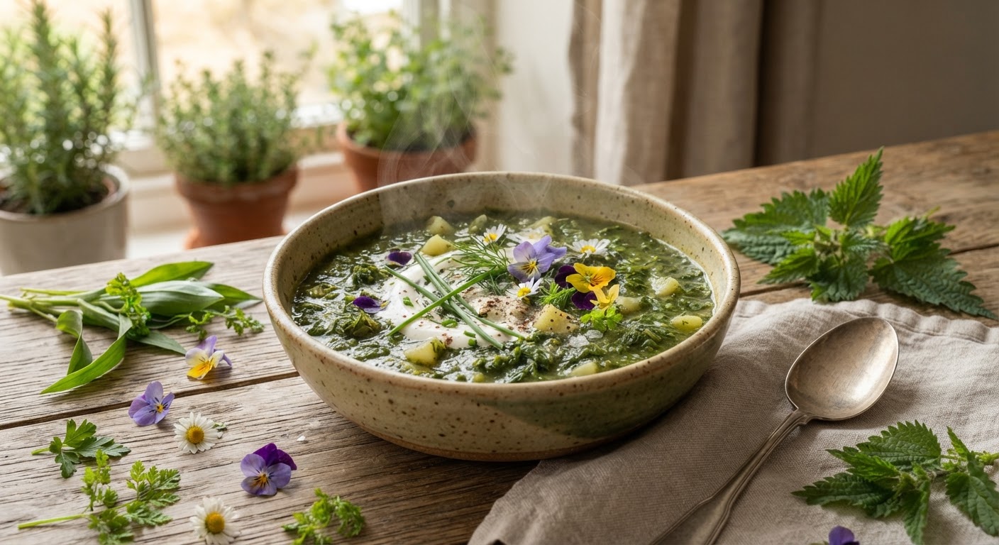 Bowl of wild spring greens nettle and potato soup