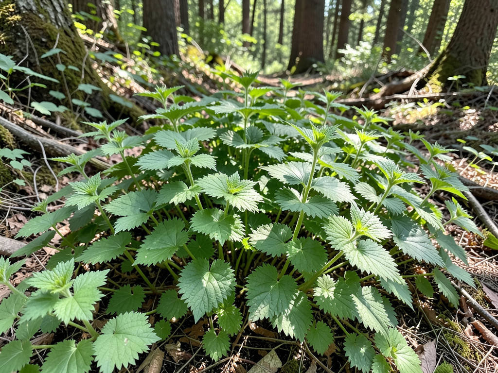 Lush patch of stinging nettle plants with serrated leaves in dappled woodland light