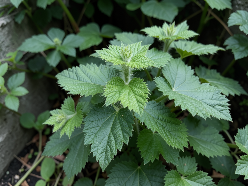 Stinging nettle plants with serrated deep green leaves showing fine stinging hairs, growing in a shaded garden corner