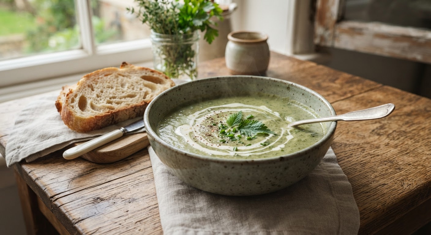 A rustic bowl of creamy green stinging nettle soup on a wooden kitchen table, drizzle of cream and cracked black pepper, crusty bread beside it