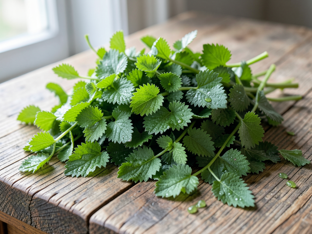 Fresh stinging nettle leaves on a rustic wooden table