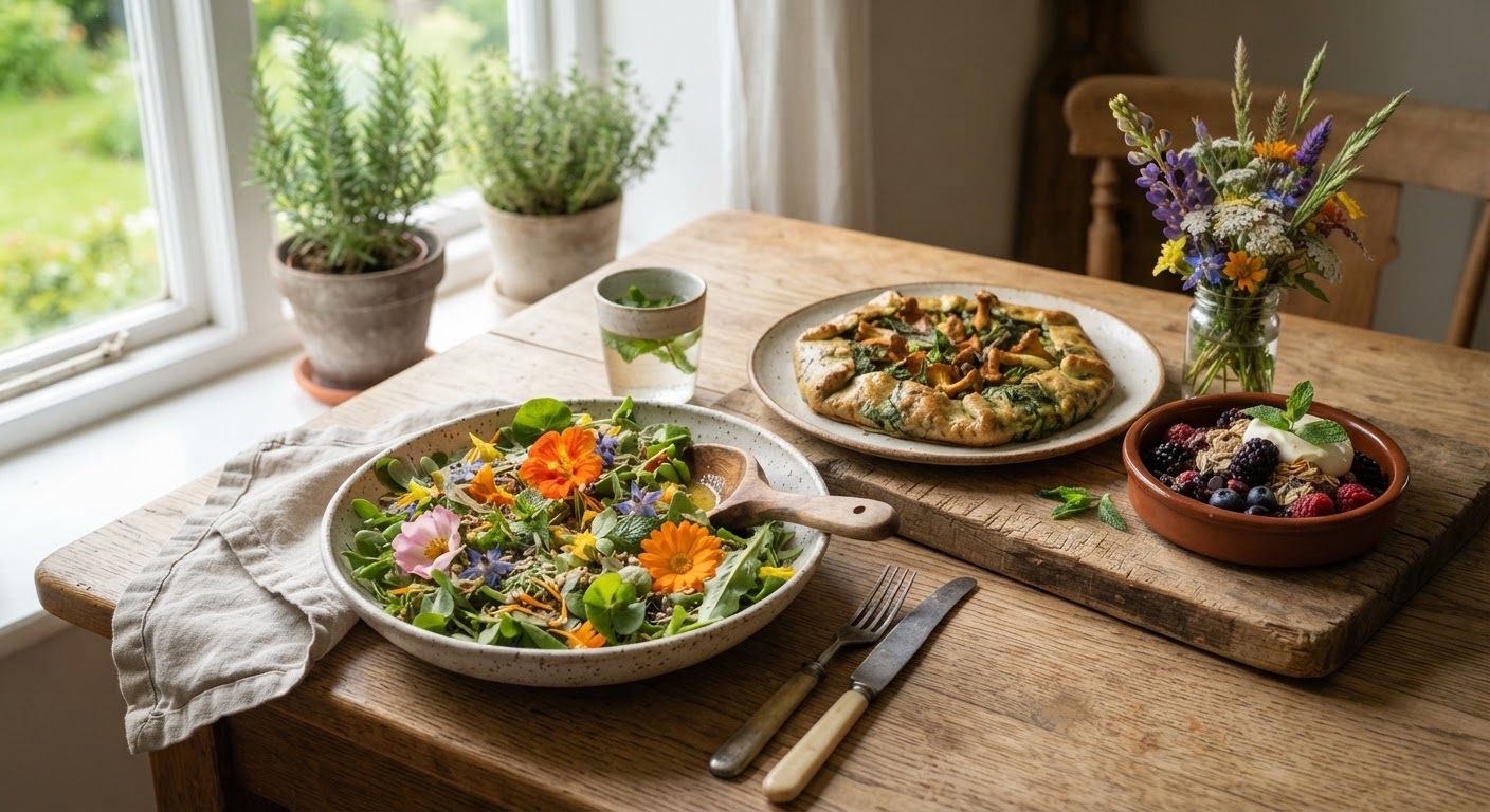 A beautiful rustic meal made from foraged summer wild plants including wild salad with edible flowers and berry dessert