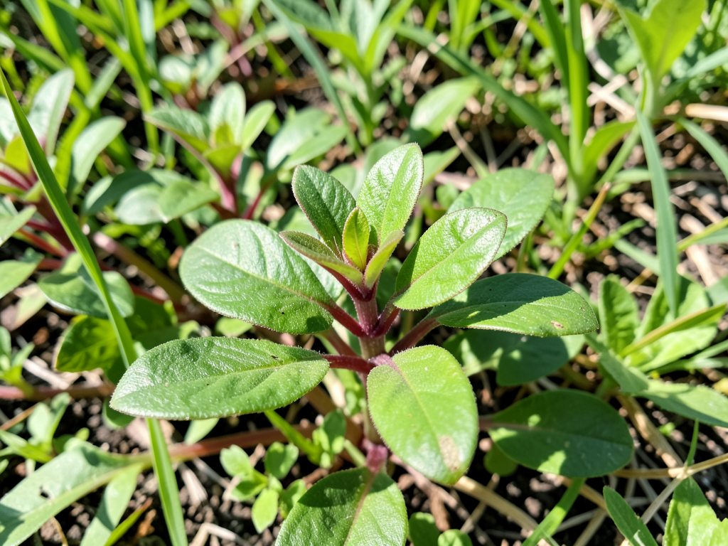 Fresh purslane plant growing wild in a summer garden, succulent green leaves with reddish stems