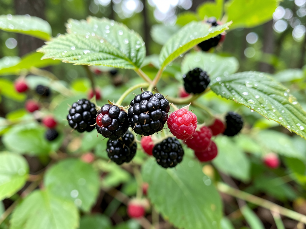 Close-up of ripe wild blackberries and raspberries on the bush in a summer forest, morning dew on berries